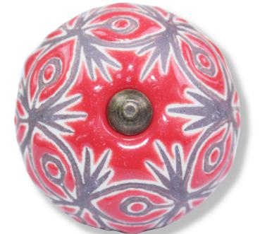Großer Möbelknopf in rot  mit braunem Ornamentmust