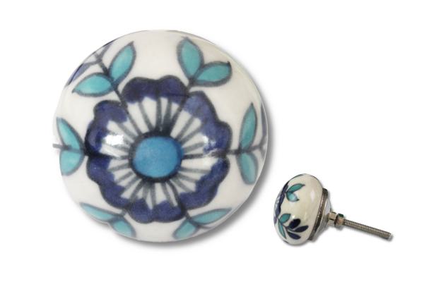 Großer Knauf in weiß mit Blumenmuster in blau