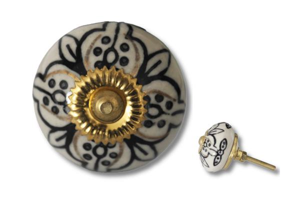 Großer Knauf in beige mit Blumenmuster in schwarz
