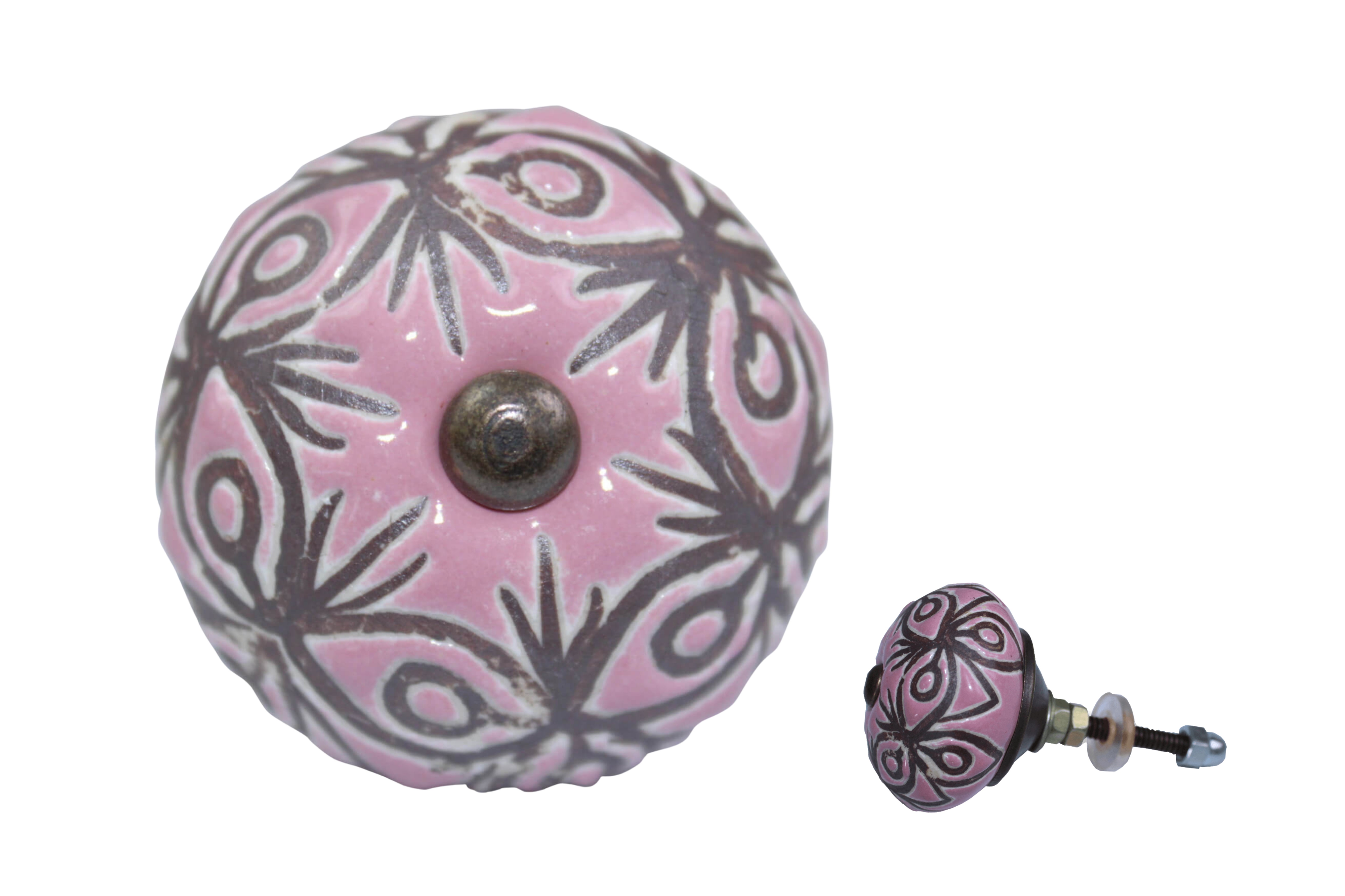 Großer Möbelknopf in rosa mit braunem Ornamentmus