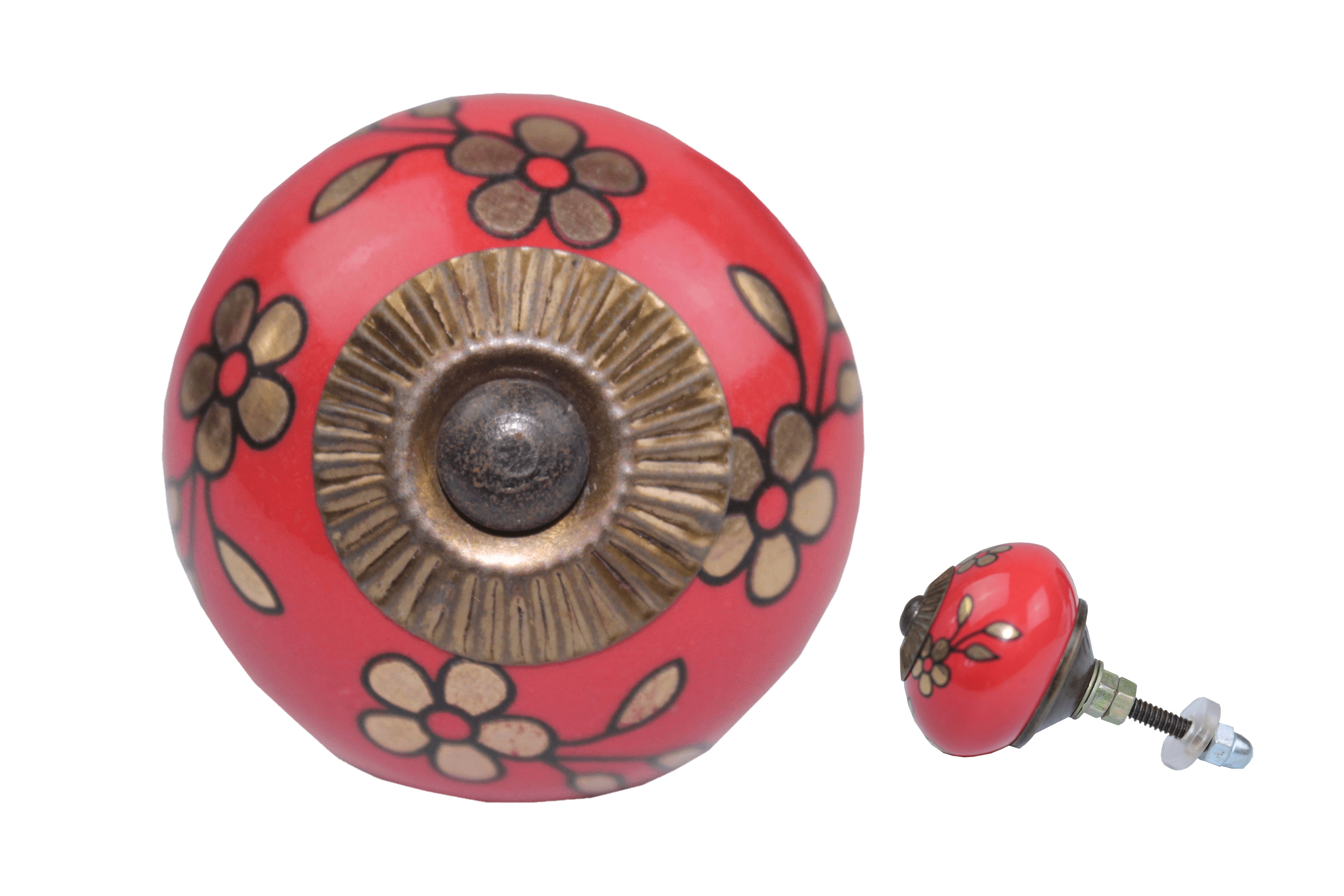 Roter Möbelknauf mit Handbemalten Blumenmuster aus